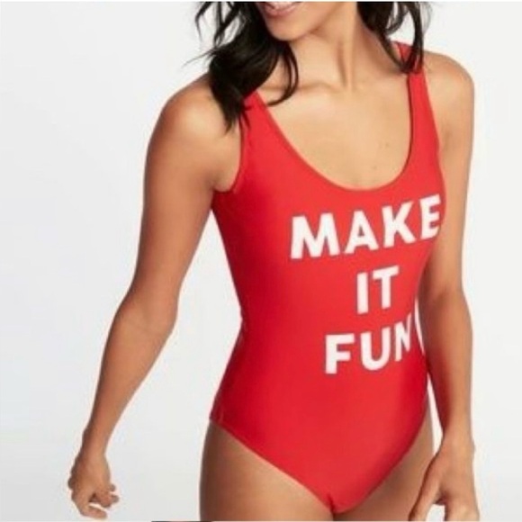 Graphic  “Make It Fun” Red & White Scoop-Back One Piece Swimsuit XL - Picture 6 of 9